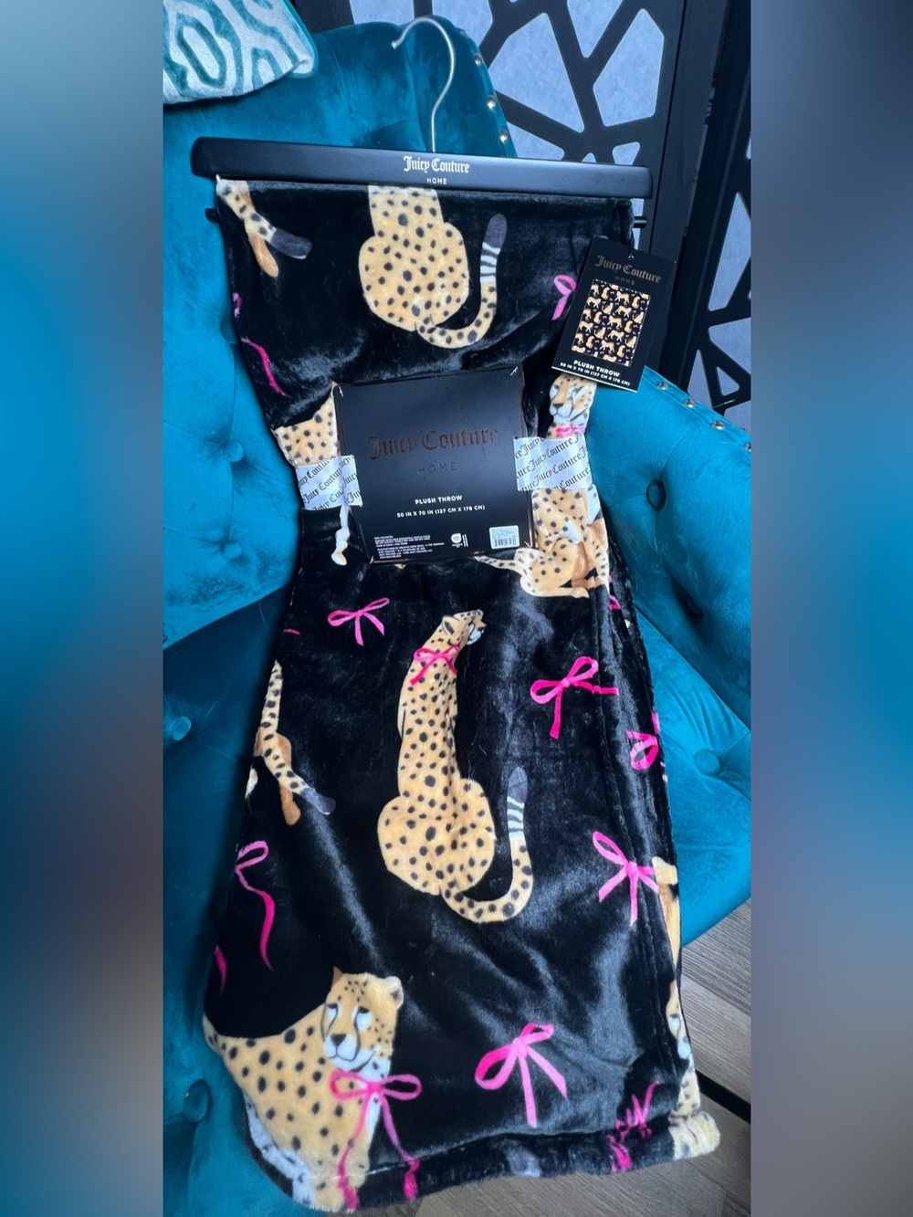 Juicy Couture Black Plush Throw with Leopard and Bows Accents 50”x70” NWT